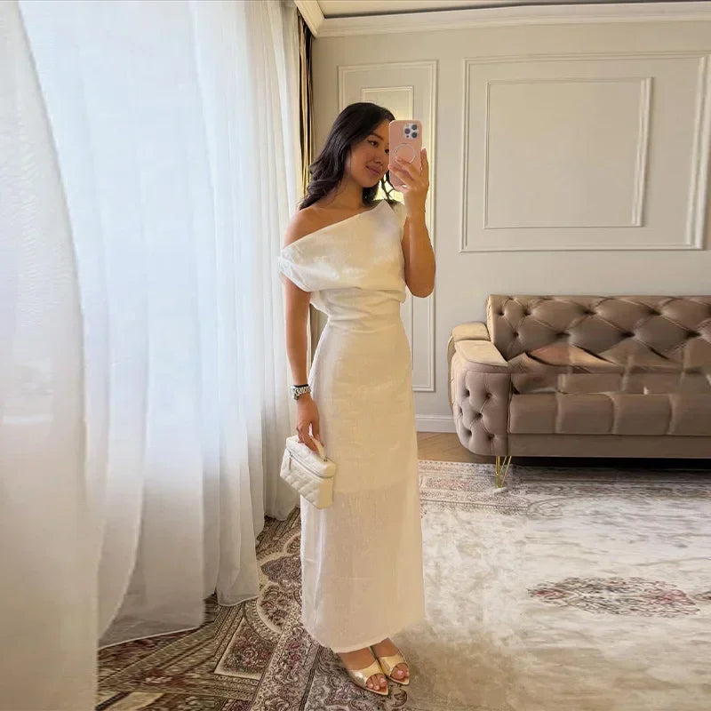Elegant Off Shoulder Women's Dress Solid Sleeveless Oblique Collar Long Female Dresses 2026 Summer Fashion Lady Comfortable Robe