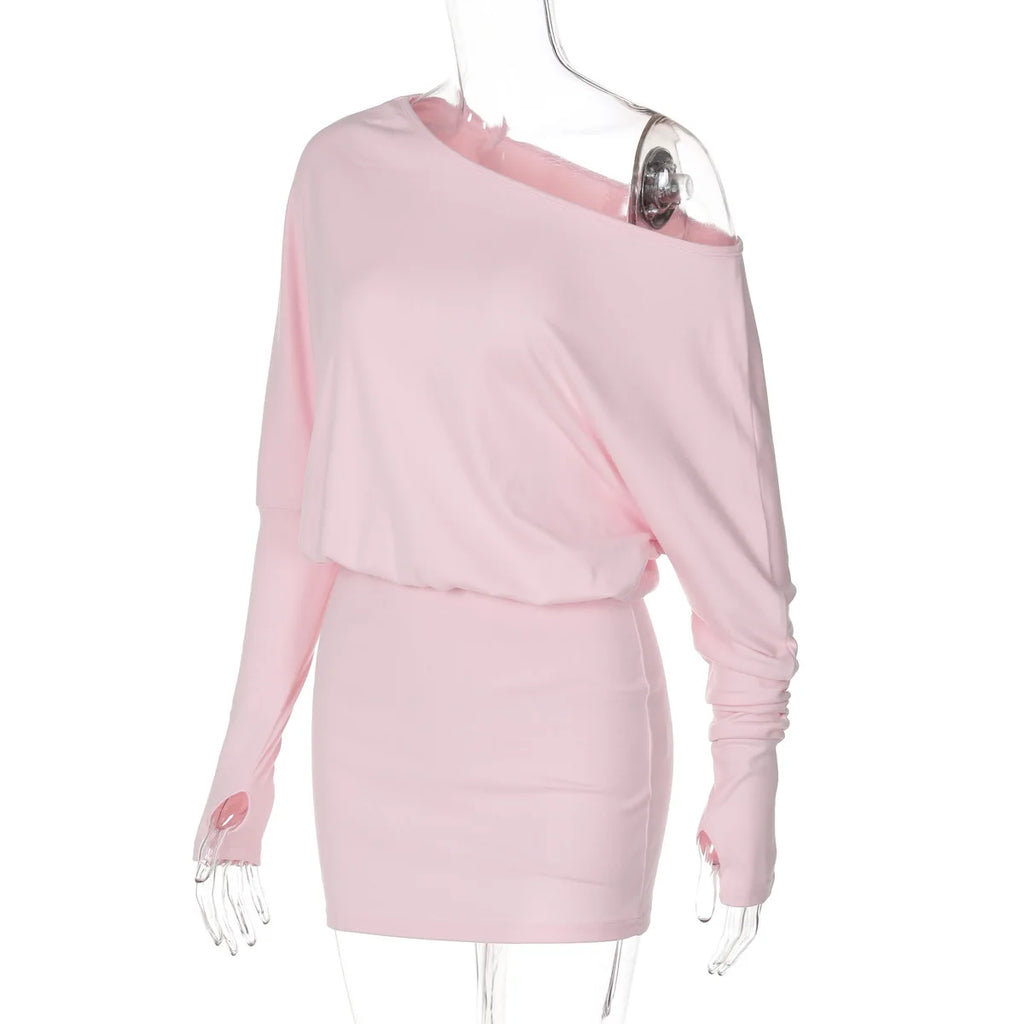 Women's Off-Shoulder Mini Dress Long Sleeve Oblique Neck Bodycon Sexy Short Fashion for Party Club Fall Winter