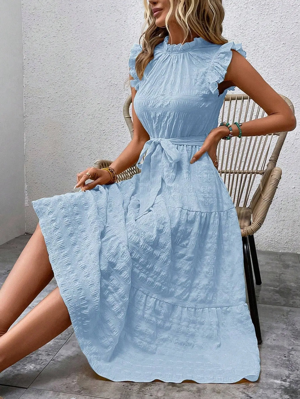 Elegant Women's Summer New Fashion Wooden Ear Edge Flying Sleeve Lace Up Texture Dress Purple  Sleeveless Lace Up Long Dresses