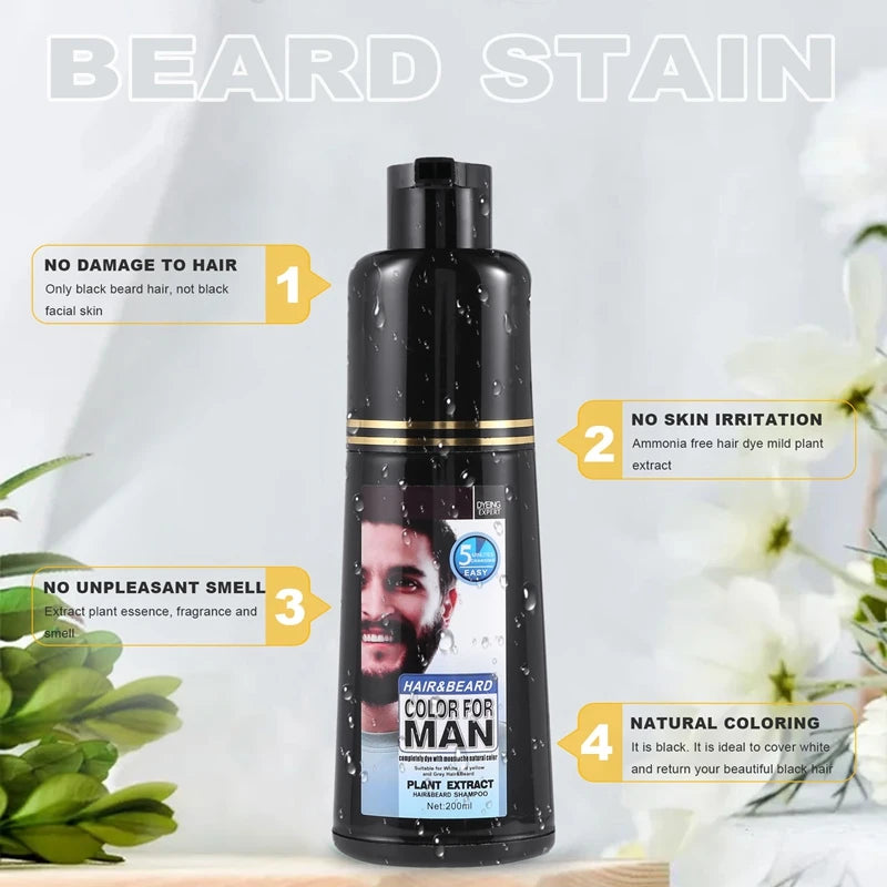 Permanent Beard Dye Shampoo for Men Beard Dying Removal White Grey Beard Hair Men Beard Shampoo 200ML-FABY