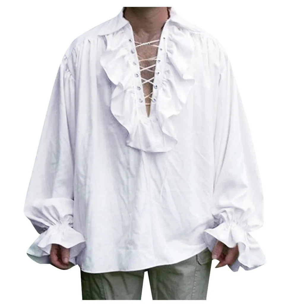 Medieval Mens Renaissance Costume Ruffled Shirts Long Sleeve Lace Up Steampunk Pirate Shirt Cosplay  Stage Costume for Women