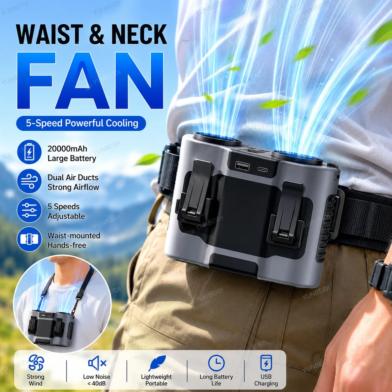 Portable Waist Clip Fan Mini USB Charging Hanging Fan with LED Flashlight Outdoor Single/dual Air Outlet Fan 20000/10000Mah F6/7