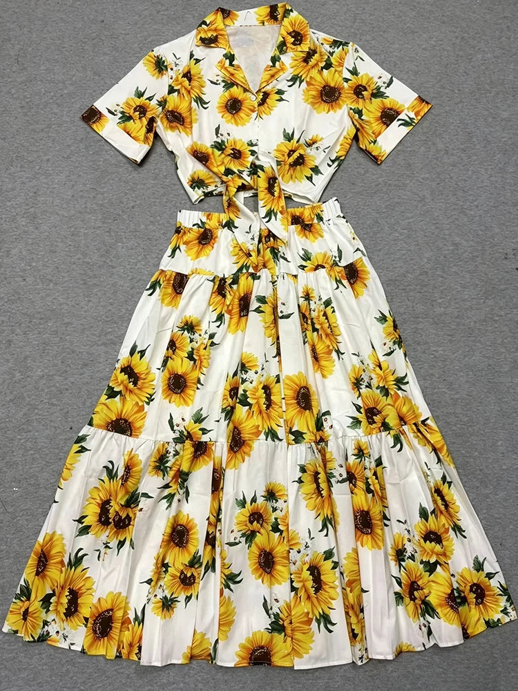 Retro Summer Women's New Two-Piece Lapel Single-Breasted Hem with Strapless Short Shirt + Elastic Waist A-Shaped Fashion Suit