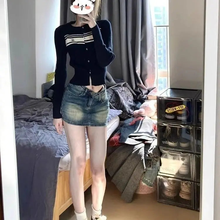 Retro Faded Denim Mini Skirt Women's Small Size Summer New High Waist Loose Fit Anti Exposure Skirt Cotton Denim Half Body Skirt