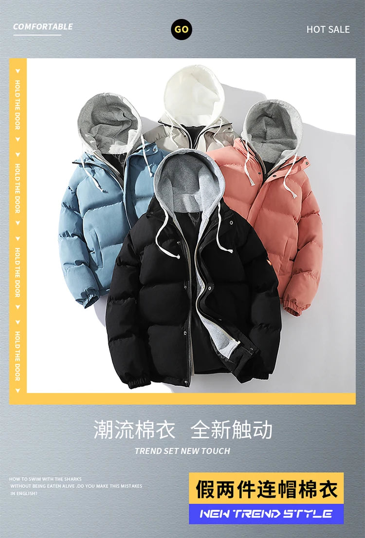 Outdoor Warm Snow Men's Long Coat Parkas Clothes New Fake Two-piece Cotton Jacket Men's Puffer Parka Winter Hooded Jacket