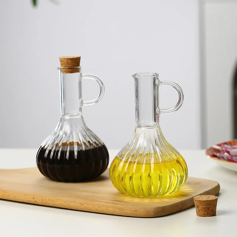Household 300-350ml Heat-resistant Glass Oil Pot with Wooden Stand, Liquid Seasoning Bottle, Striped Sauce and Vinegar Oil Pot