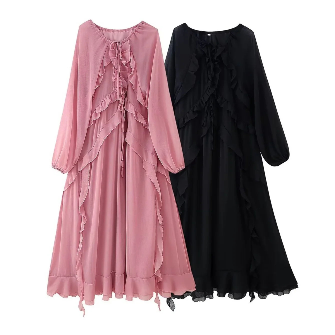 2026 Casual Solid Ruffles Patchwork Robe Women Minimalist Full Sleeve Mesh Loose Fit Lace Up Maxi Dress Vacation Daily Date Wear