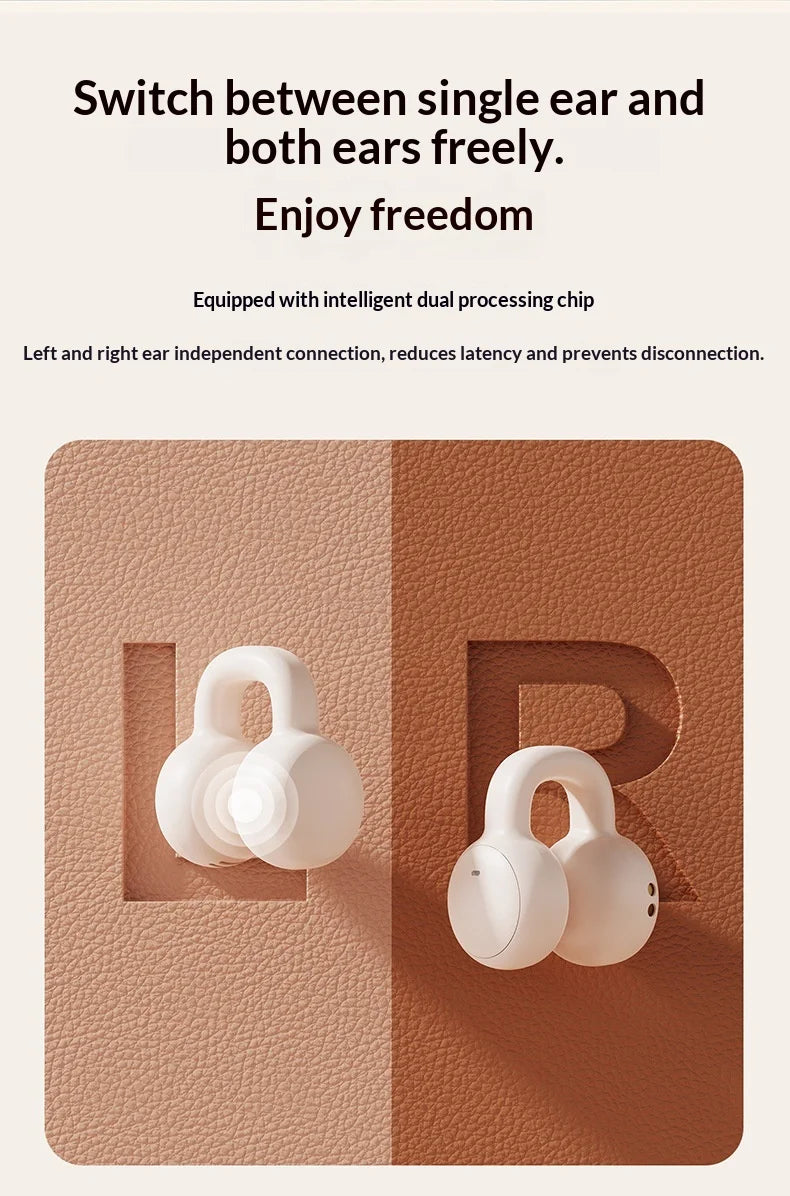 Noise Canceling Clip-On Bluetooth 5.3 Wireless Earbuds HD Microphone Stereo Sound Portable Headphones for Sports Gaming With Mic