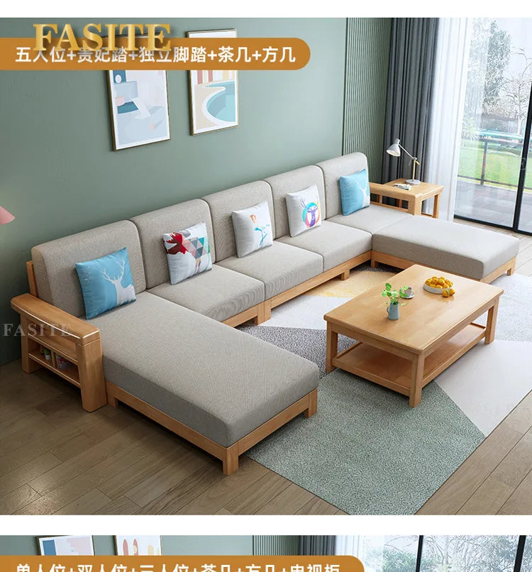 Nordic solid wood three-person sofa, modern simple fabric, small apartment concubine coffee table combination furniture