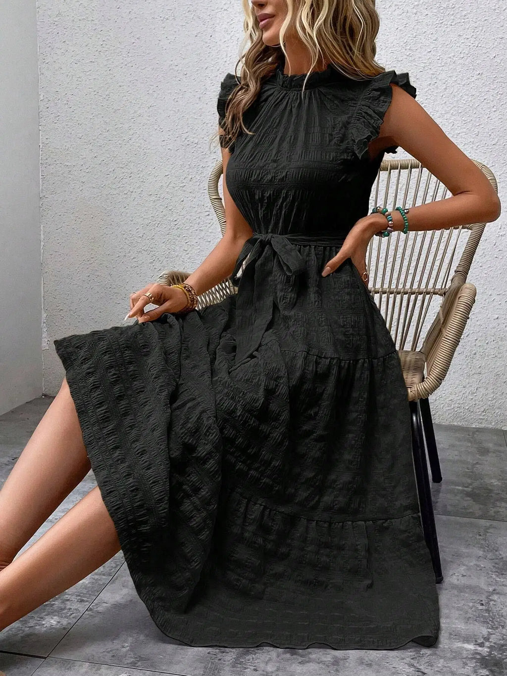Elegant Women's Summer New Fashion Wooden Ear Edge Flying Sleeve Lace Up Texture Dress Purple  Sleeveless Lace Up Long Dresses