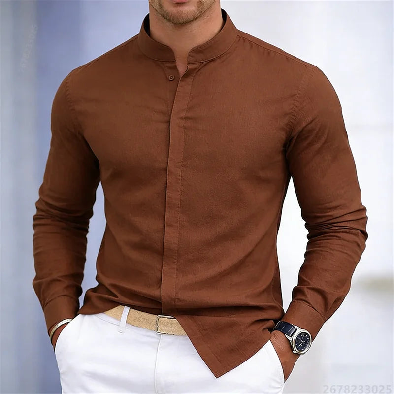 Men's stand-up collar white or black long-sleeved shirt, solid color shirt, slim fit business casual men's top, sizes XS-6XL.