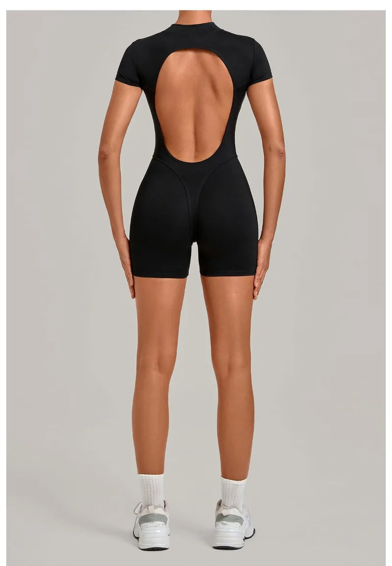 Women's Seamless Yoga Jumpsuits Sports Fitness Hip-lifting Short-sleeved Backless Training Workout Gym Shorts One-piece