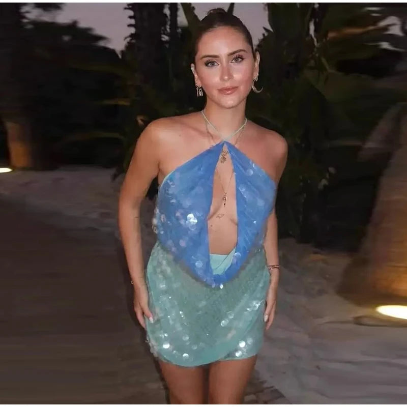 Sequins Halter Hollow Out Dress Women's Sexy Backless Sleeveless Contrast Color Mini Dresses 2026 Summer New Lady Beach Robes