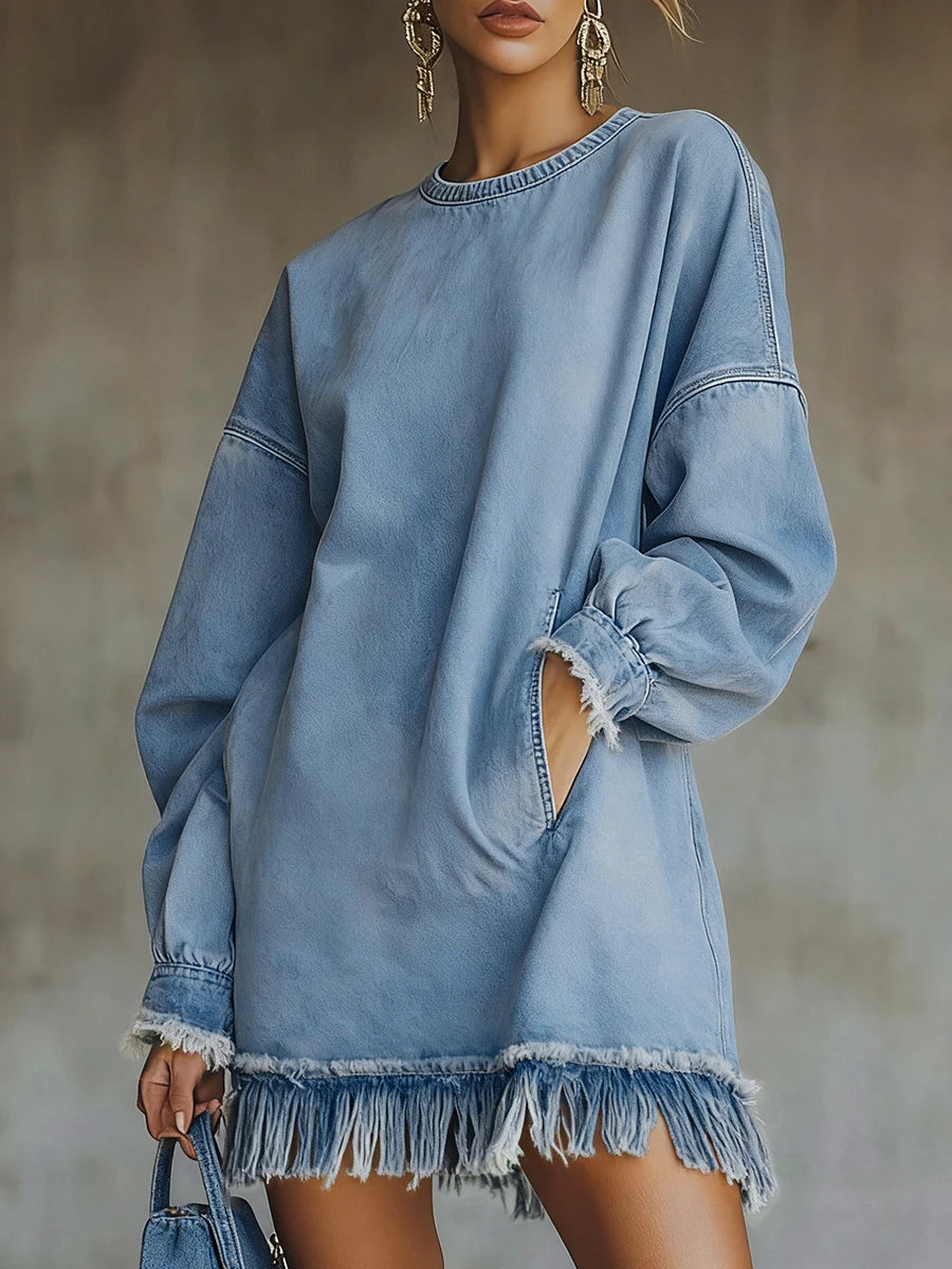 Fashion Retro Denim Mini Dress Round Neck Lantern Sleeve Pockets Tassel Dress High Street Loose Blue Spring Autumn Party Dress