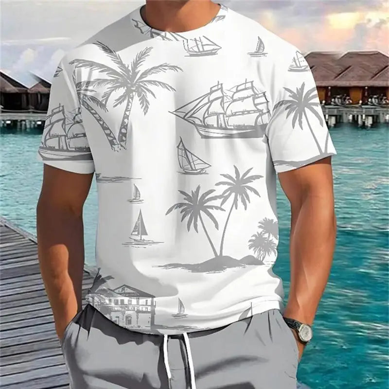 2025 Summer New Men's Short-sleeved Top Palm Tree Print T-shirt Fashion Vacation Beach Casual Pattern
