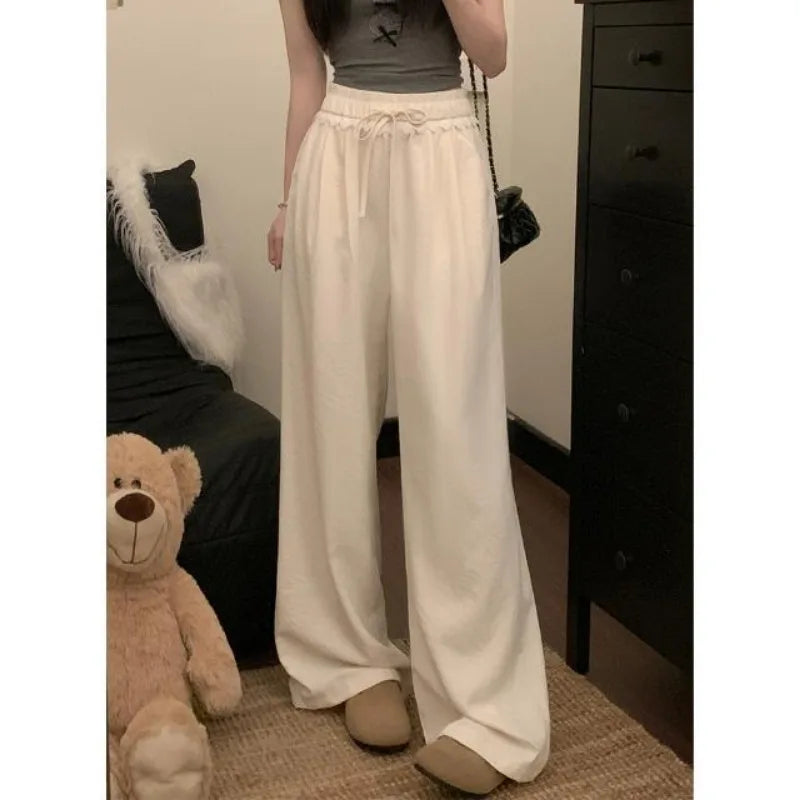 Women Lace Trim Wide Leg Pants Elastic Drawstring Waist Loose Casual Trousers Multiple Colors