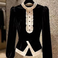 Autumn New High-Quality Fake Two Pieces of Black Stitching Velvet Shirt Women's  Fashion Long-sleeved Elegant Casual Lady Blouse