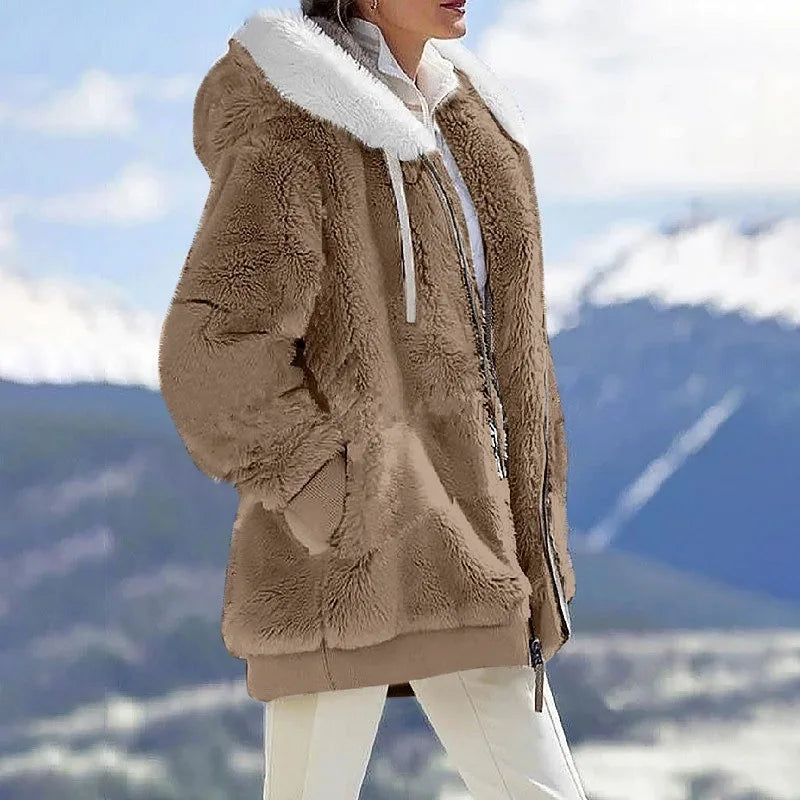 New Style Winter Fashion Women's Coat Casual Hooded Zipper Ladies Clothes Cashmere Women Fleece Jacket Solid Color Ladies Coats