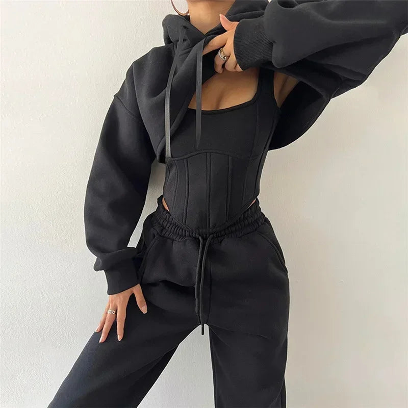 New Lace Up Pants Sets Women Slim Solid Splice Tank Tops Woman Long Sleeve Short Hoodies And Pant Suits Women Outfits Winter