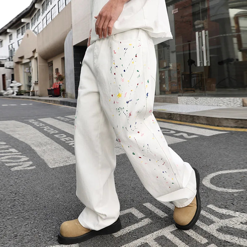 Men's Color Ink White Denim Jeans Cityboy Streetwear Fashion Hip Hop Loose Casual Wide Leg Baggy Jeans Y2k Pants