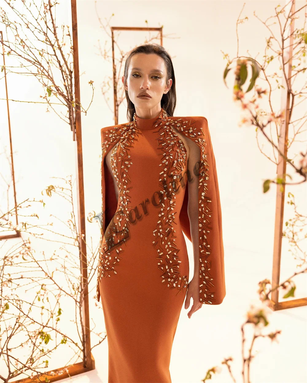 Caroline Modern Mermaid Prom Dresses for Women with Cloak Beads Crystals High Neck Formal Evening Vestidos De Gala Drop Shipping