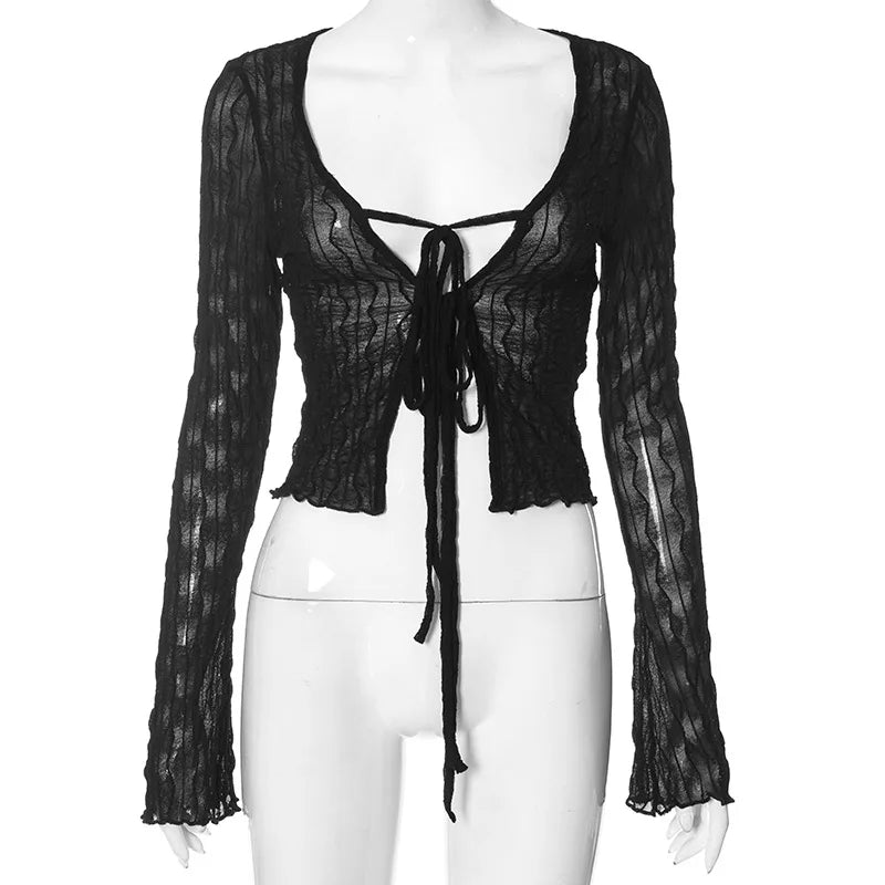 Gothic Lace Up Sexy Blouses Grunge Y2k Fairycore Long Sleeve T-shirts Female Transprent Skinny Fashion Tops