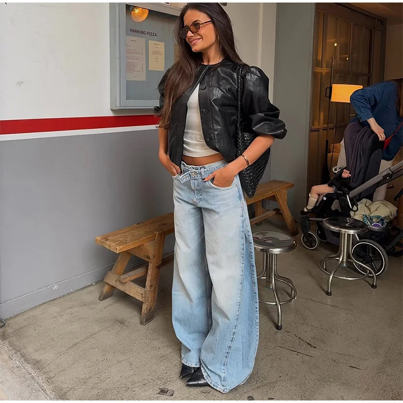 2026 Spring Low Waist Pleated Wide Leg Jeans Light Wash Raw Edge Double Waistband Casual Women Pants Trendy Y2K Lady Trousers