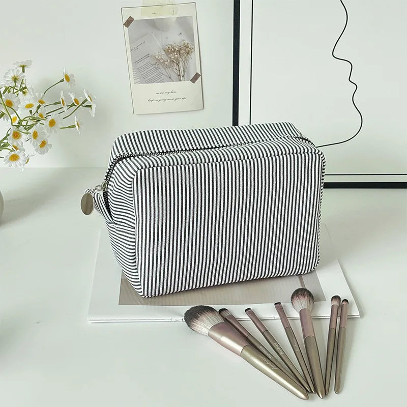 Personalized Striped Cosmetic Bag with Custom Text Embroidery Portable Travel Wash Bag Storage Pouch for DIY Makeup Skincare