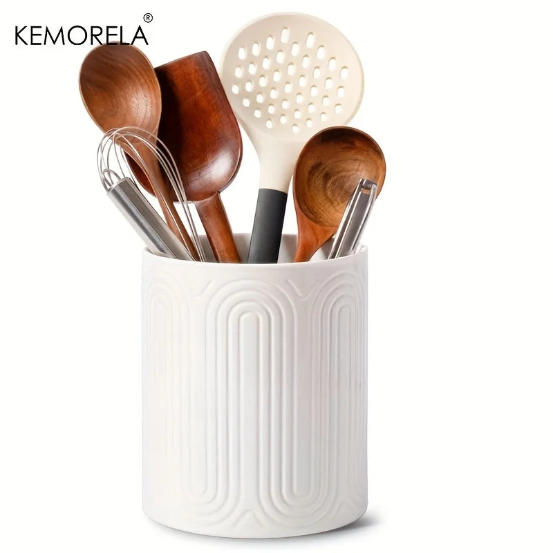 Ceramic Utensil Holder Organizer - Kitchen Countertop Storage Jar for Forks Spoons Knives, White Porcelain Canister, 1/2-Piece