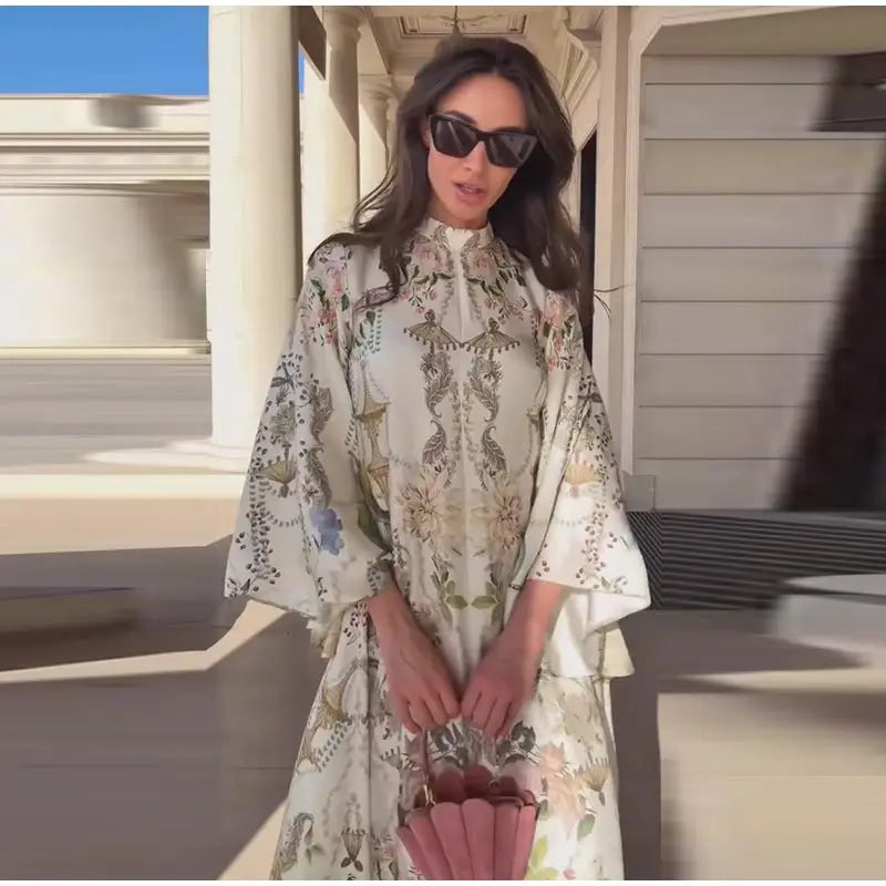 Elegant Women's Printed Long Dresses Loose O-neck Flared Half Sleeve Big Hem Wide Female Dresses 2026 Summer Lady HolidayRobes