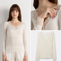 Absobe Long Sleeve Lace Trim T-shirt Women Sexy Low Cut V-Neck Patchwork Versatile Slim Female Top Solid Color Casual Streetwear
