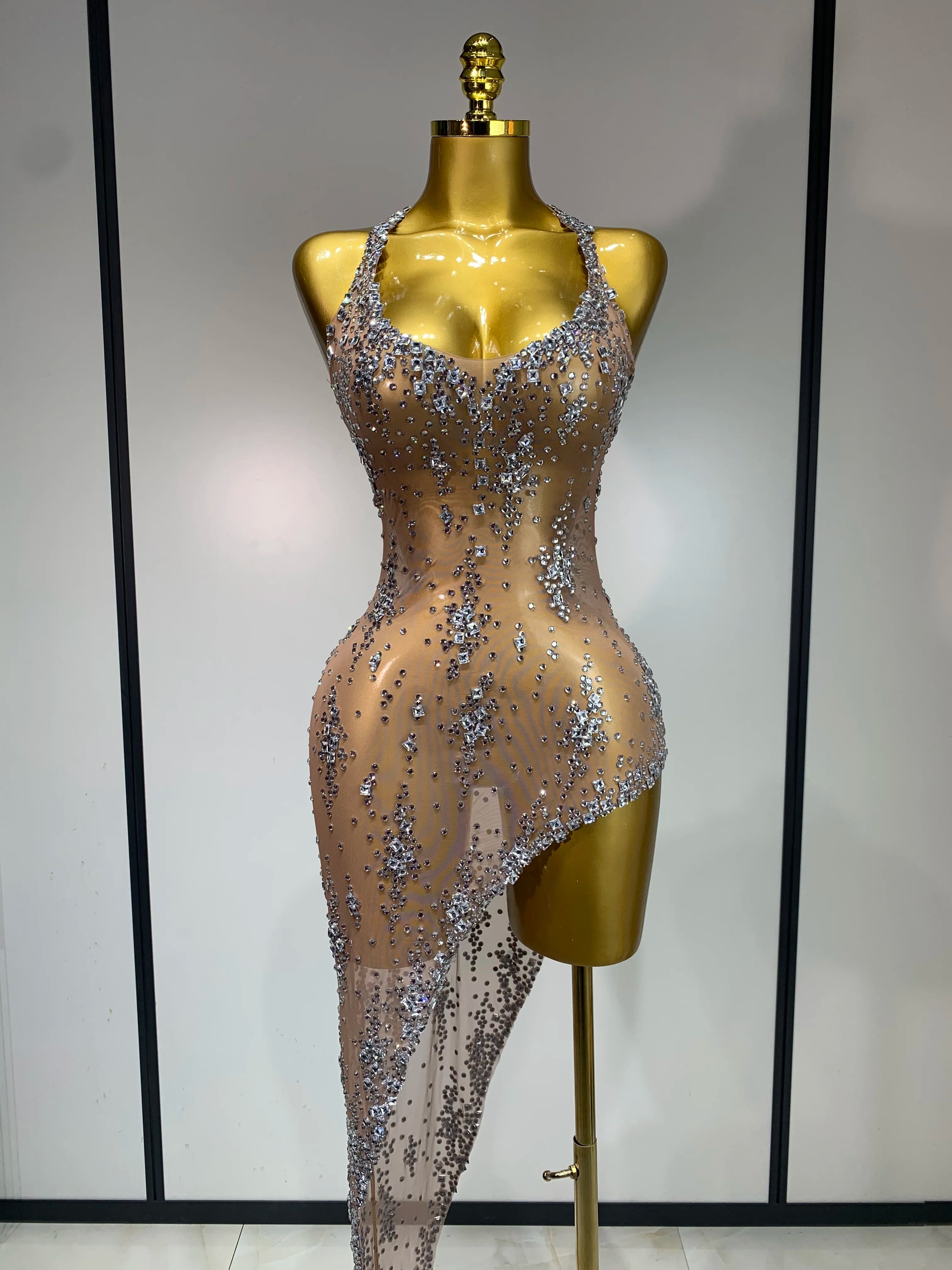 2025 Sparkly Rhinestone V Neck Stretch Mesh Sexy See Through Dress Women Elegant Party Celebrate Perform Costume Stage Outfit