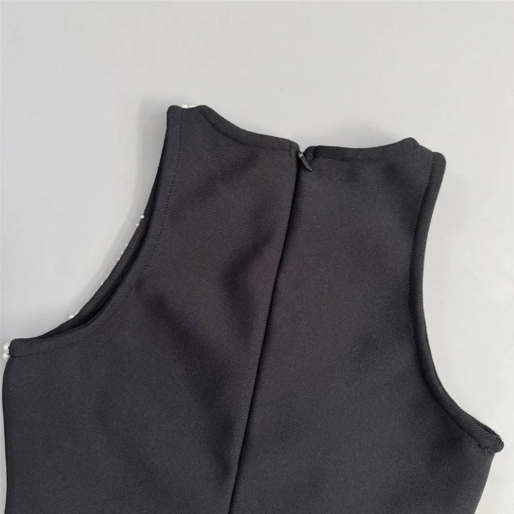 Women Fashion Pearl Bandage Dress Sexy Beading Sleeveless Clothes Celebrity Party Elegant Dresses