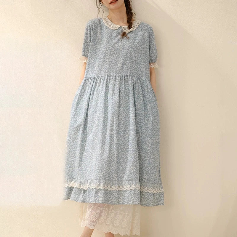 Vintage Ruffled Cotton Linen Flower Dress Women's New Summer Peter Pan Collar Short Sleeve Loose Boho Dress Casual Midi Vestidos