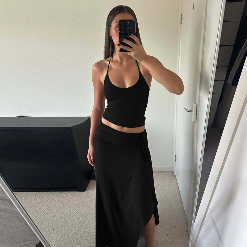 Hugcitar Fashion 2 Pcs Sets Halter Solid Backless Lace Up Sexy Crop Tank Top Ruched Maxi Skirt Women Outfit Beach Vacation Sport