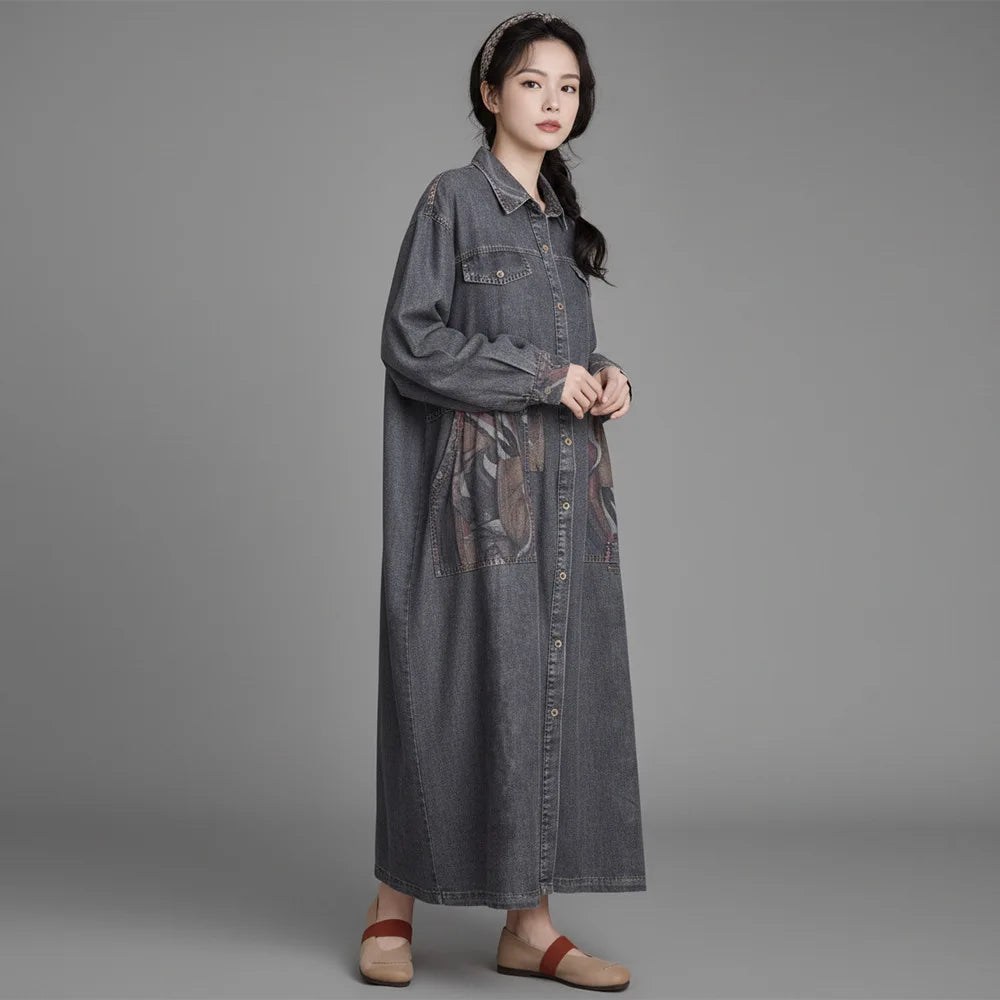 Johnature Women Vintage Denim Cotton Dress 2026 Spring New Turn-down Collar Long Sleeve Button Patchwork Pockets A-Line Dress