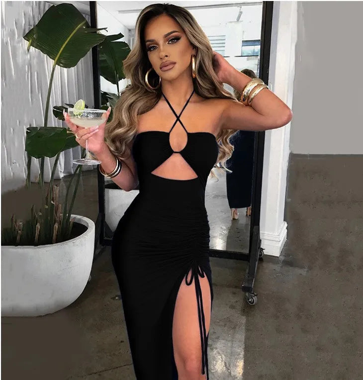 Women's Elegant Party Summer Sleeveless Halter Neck High Waist Pencil Dress Long Backless Cross Strap with High Slit Bodycon