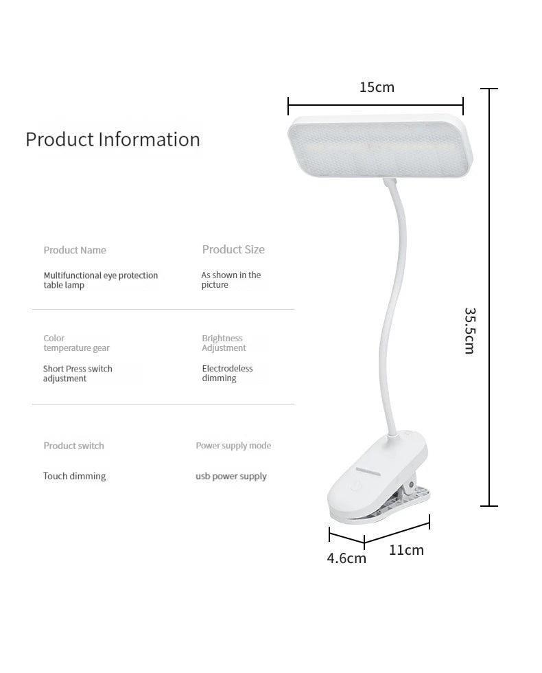 Clip-On Desk Lamp with Eye Care, USB Rechargeable & Plug-in Dimmable LED Light, Adjustable Study Lamp for College Dorm, Bedroom