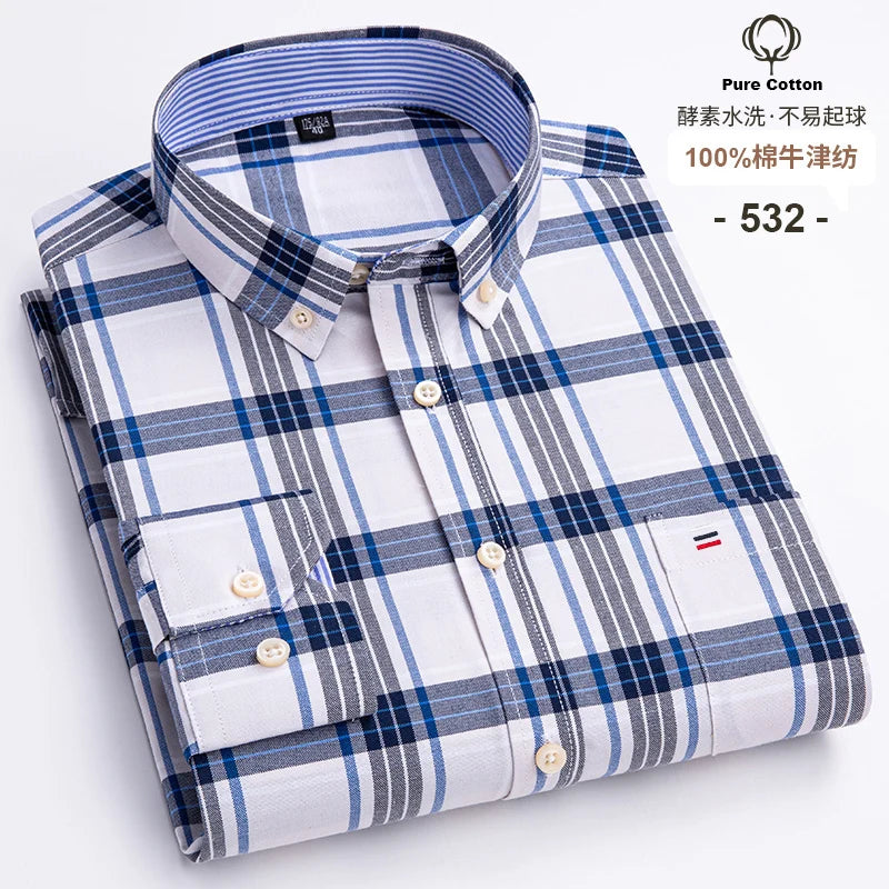 2024 Fashion Men Work Business Brand Shirt Mens Plaid Cotton Casual Dress Shirts Slim Fit Long Sleeve Button Down  Chemise Homme