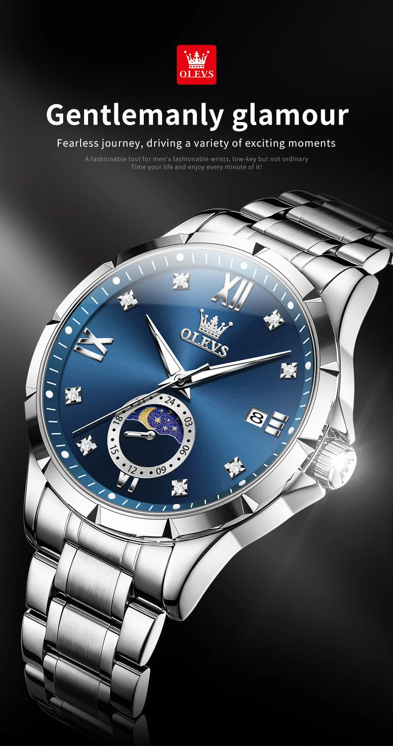 OLEVS 2956 Mens Watch Business Original Quartz Watch Large Dial Waterproof Luminous Automatic Date Moon Phase Watches For Man