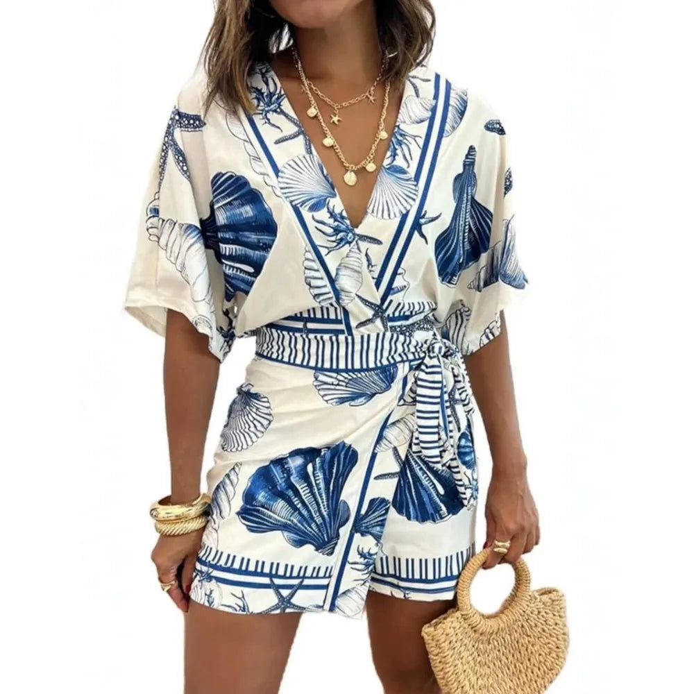 Fashion Printed Short Sleeve Women's V-neck Slim Fit Jumpsuit Summer New Casual Bohemian Female Vacation Lace Up Rompers 2026