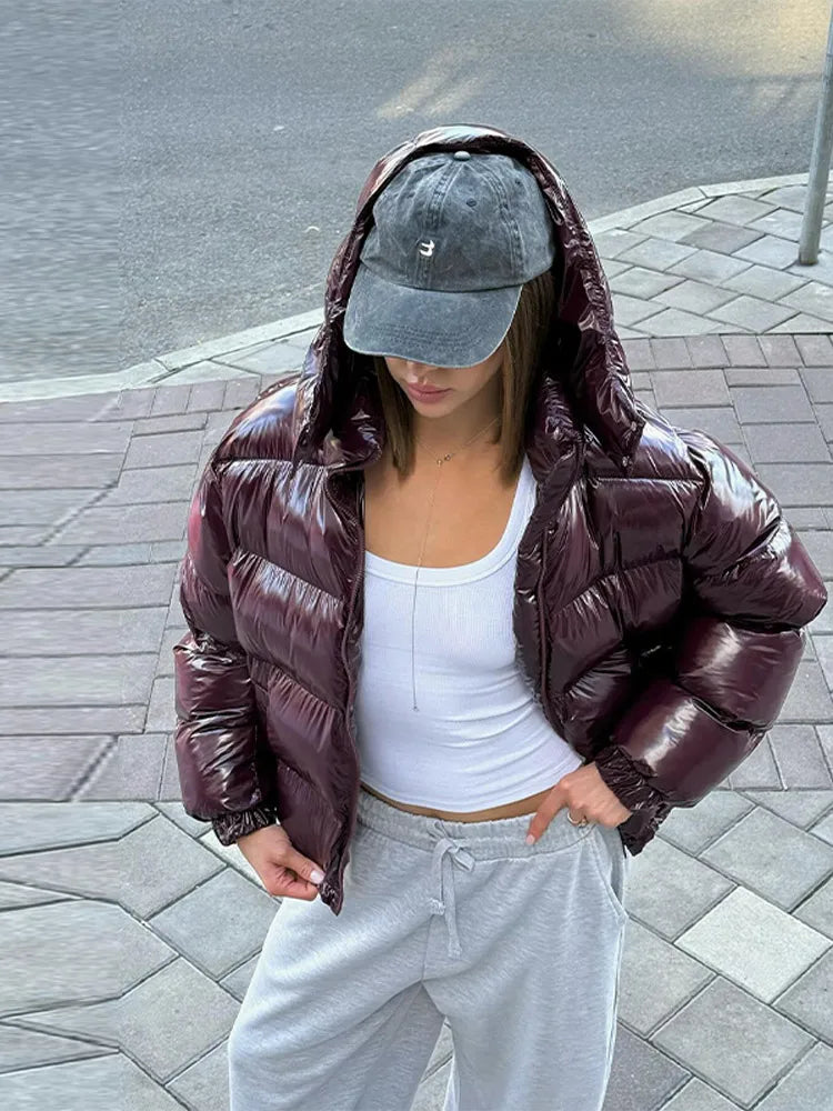 Chic Glossy Zipper Hooded Coat Women's Warm Elastic Waist Pleated Cropped Puffer Jacket 2026 Winter New Lady High Street Outwear