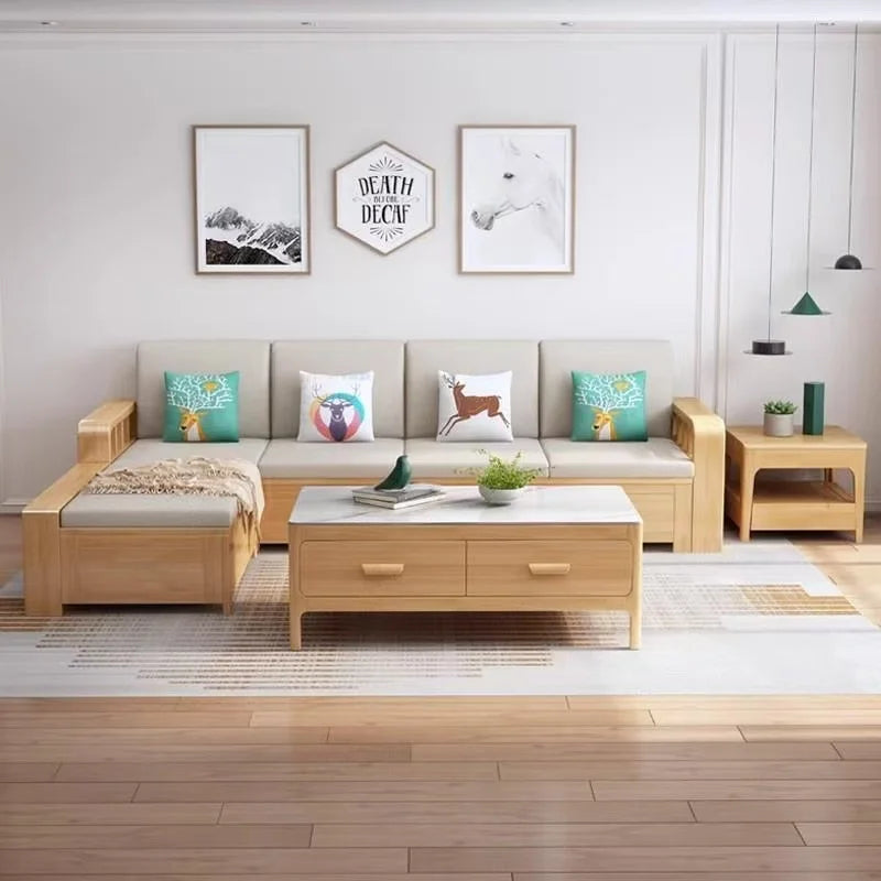 *Living Room Nordic Log Wood Storage Corner Sofa Winter  Summer Dual Use Fabric Wooden Sofa Combination