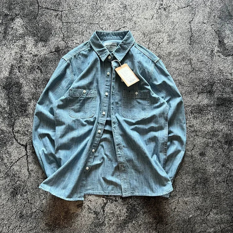 Japan Retro Bamboo Yarn Denim Casual Shirt Cool Hong Kong Style Long Sleeve Loose Spring Autumn 100% Cotton Washed Workwear Tops