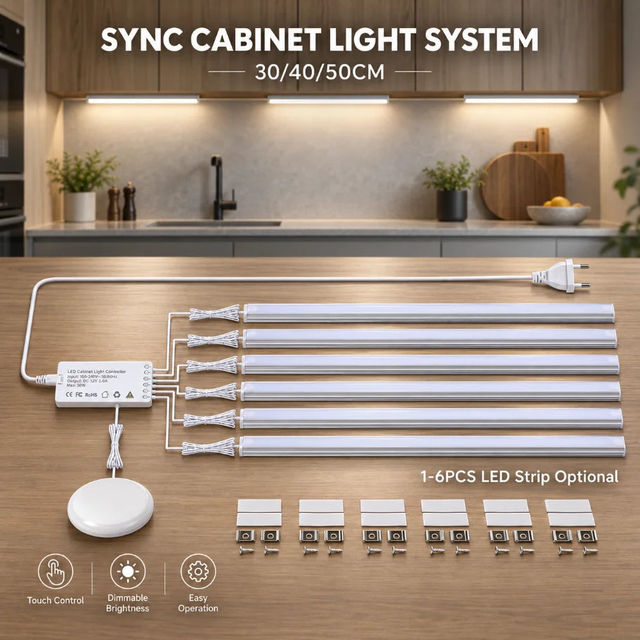 1-6Pcs LED Light Bar Sync Cabinet Light System Touch Control Dimmable Under Cabinet Lamp for Kitchen Wardrobe Closet Showcase