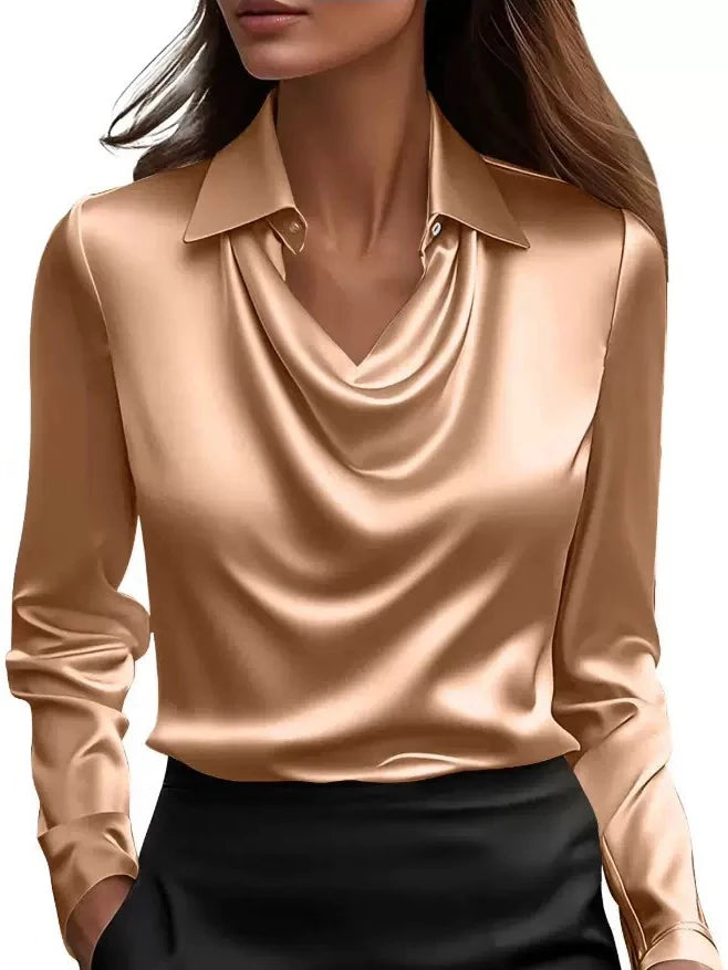 Women Long Sleeve Lapel V Neck Satin Blouse Elegant Solid Loose Shirt Spring Summer Simple Chic Offce Lady Tops Fake Silk Shirt