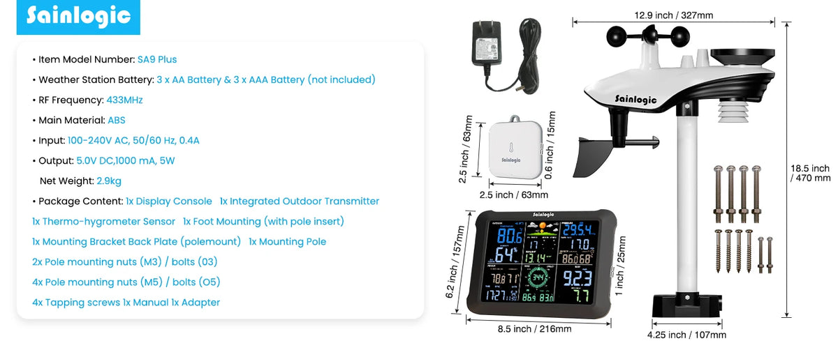 Sainlogic SA9 Plus Smart Weather Station, WiFi/Bluetooth Wireless Sensor, Weatherseed AI 24H Forecast, Rain/Wind/UV, 2-Year Data