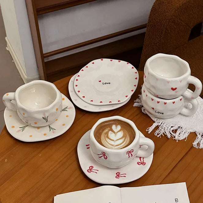 ins style retro flower ceramic cups and saucers, hand-squeezed irregular coffee cups and saucers, afternoon tea cups and saucers