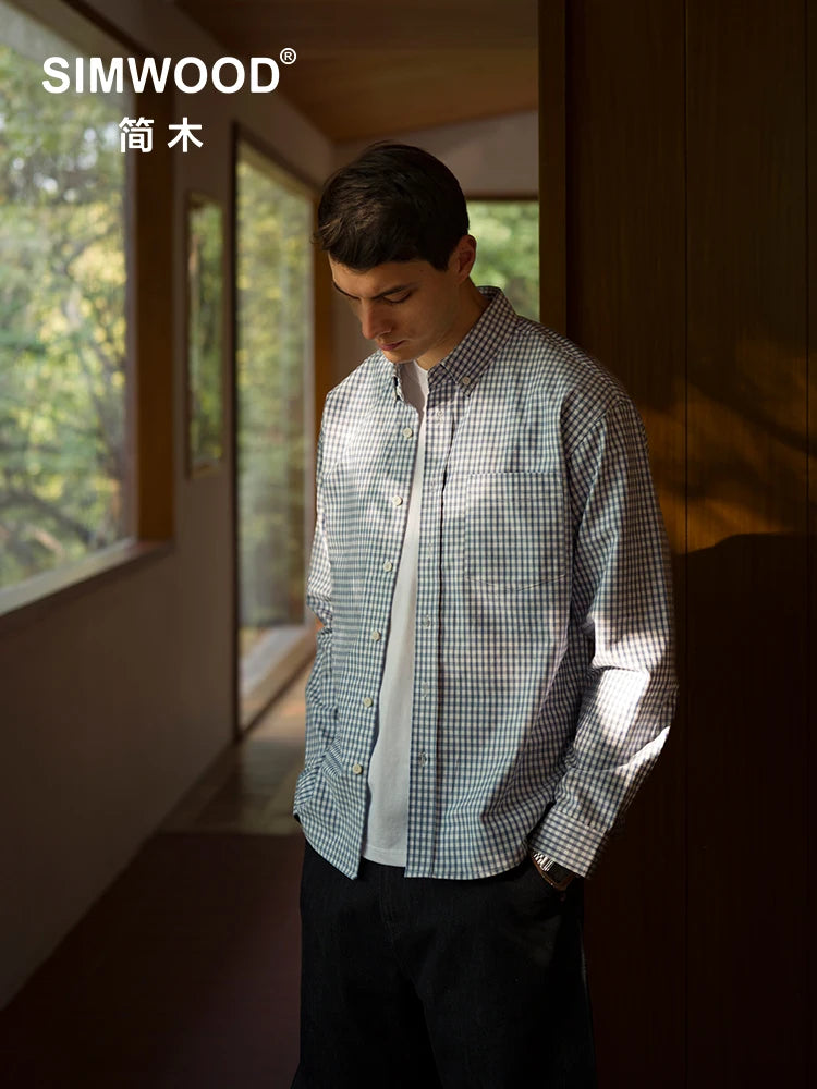 SIMWOOD 2026 Spring New Oversize 170gsm Liquid Ammonia Finish Fabric Shirts Men Checked Plaid Casual Shirts