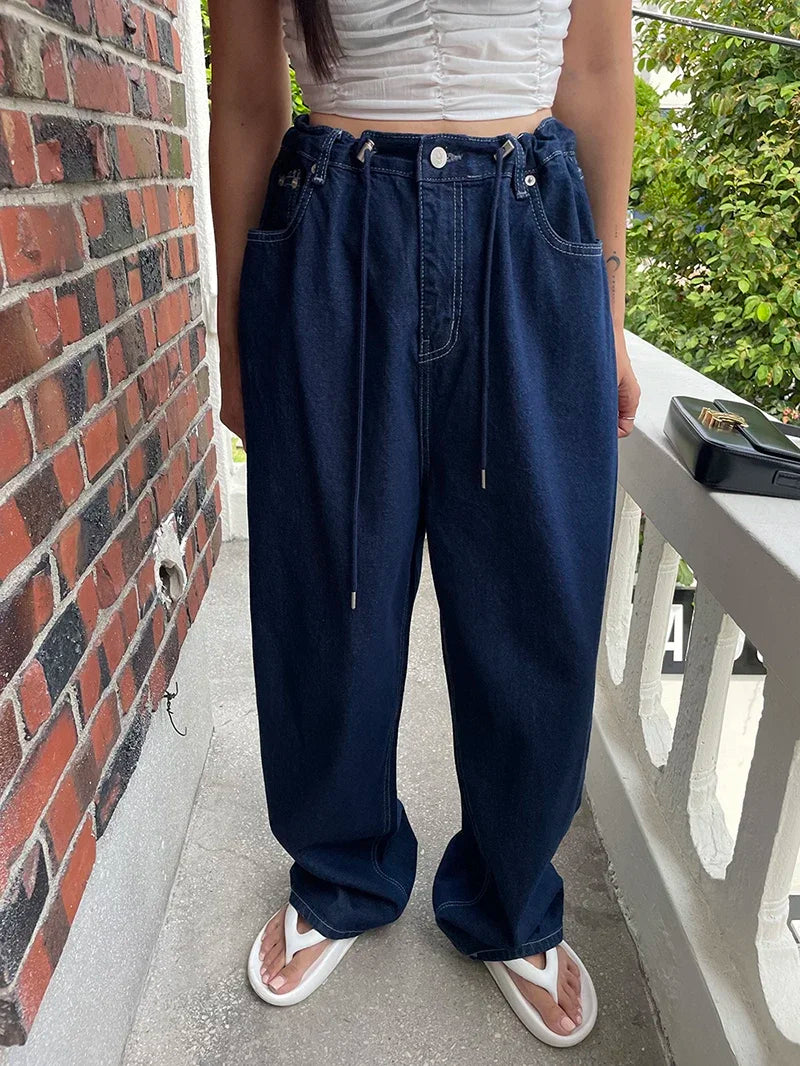 Retro High-waisted Women's Straight Jeans Summer New Fashion Loose Drawstring Design